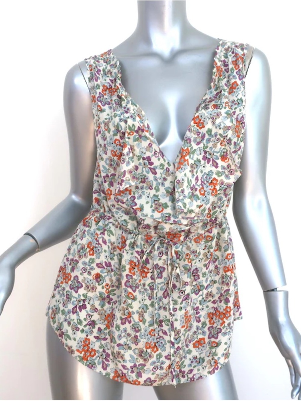 Floral V-Neck Tie-Waist Sleeved Top -  Rebecca Taylor